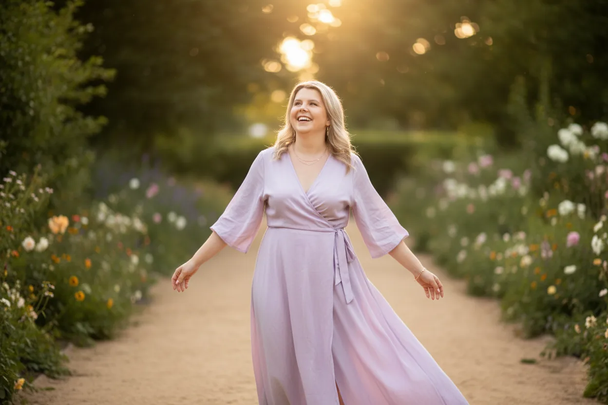 Sarah-Lee wandelend in de tuin bij zonsondergang